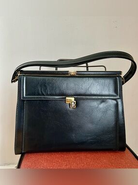 Vintage 50s Structured Black Top Handle Handbag Made in Canada